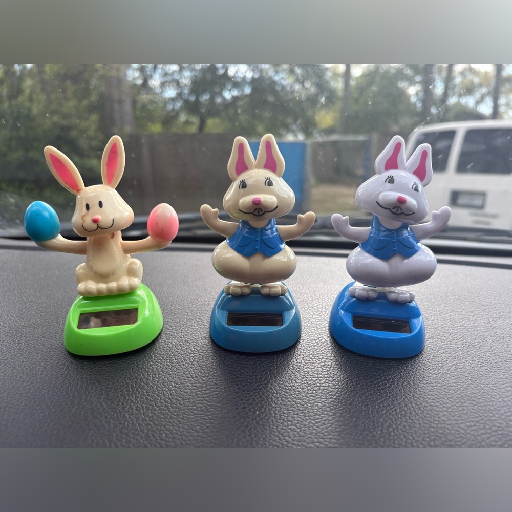 Set of 3 Solar-Powered Waving Bunny Dashboard Toys - Pink, Cream, White